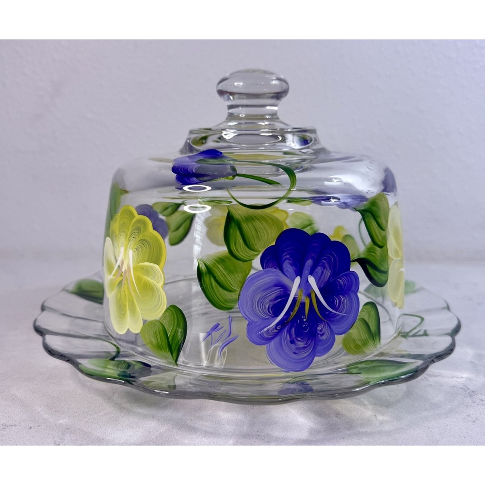 Vintage Hand Painted Glass cheese Plate Dome Cover Signed KPC Floral Design 6.5"